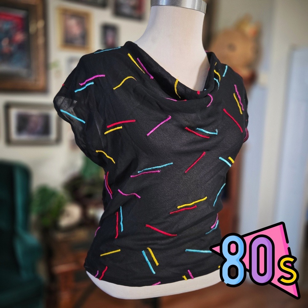 Vintage 80s Sheer Embroidered Top Black Neon Confetti Cowl Neck Retro Party M